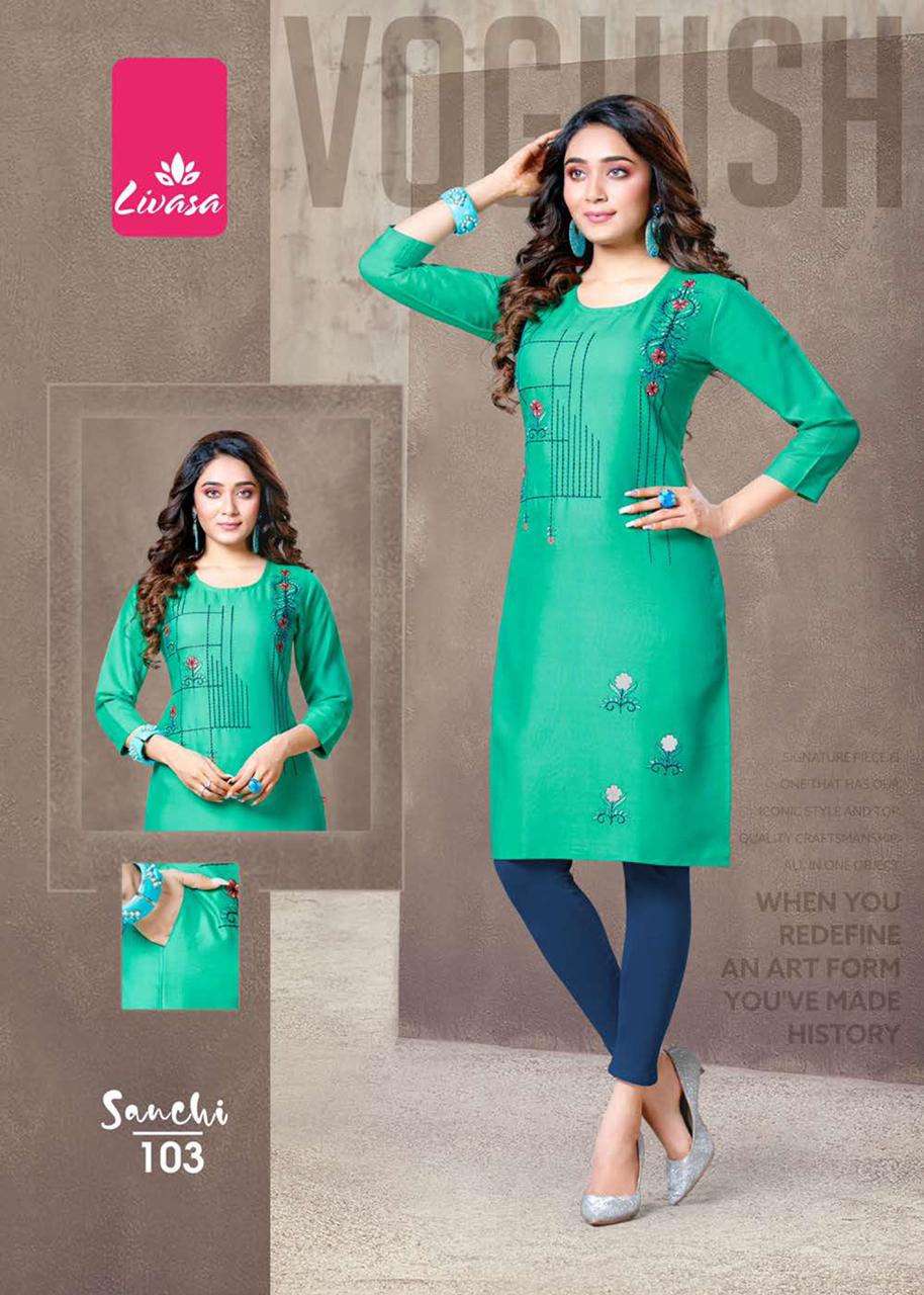 Livasa Sanchi Ethnic Wear Rayon Embroidery Design Fancy Latest Kurti Collection